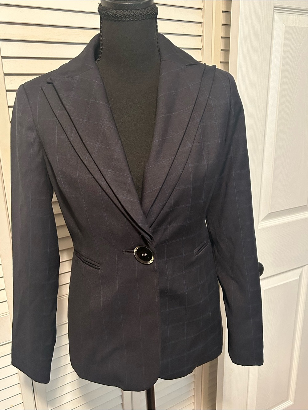 Larry Levine Navy Windowpane Single-Button Blazer